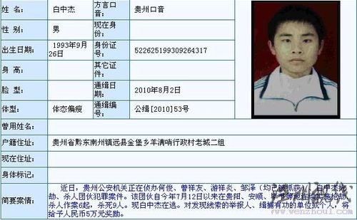 公安部发通缉令悬赏缉拿贵州9人被杀案在逃嫌犯