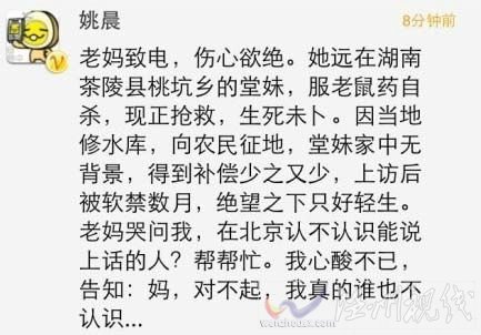 “微博女王”姚晨曝亲戚因不满征地补偿自杀