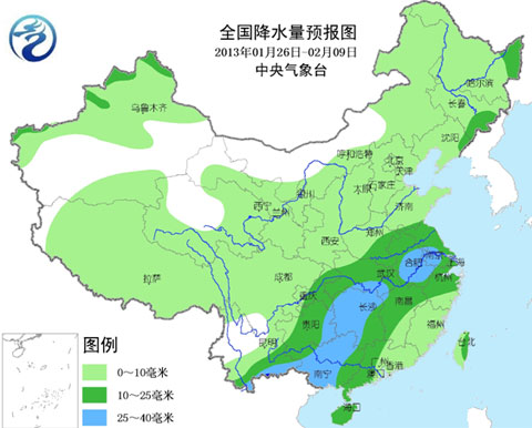 2013年1月26日至2月9日全国降水量预报图