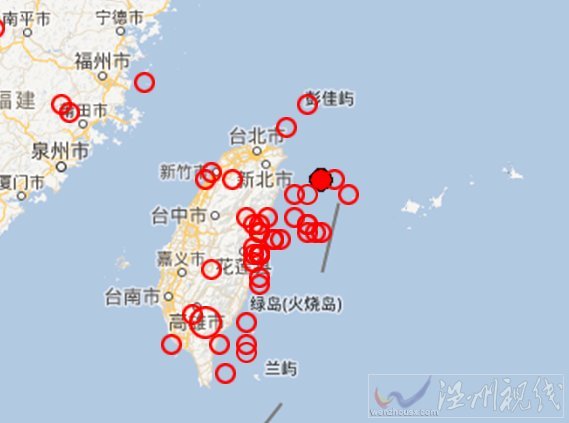 台湾宜兰县地震震中附近过去一年发生的３.０级以上地震分布