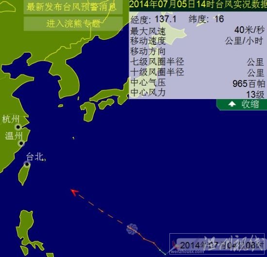 第8号台风浣熊风速加强为40米/秒