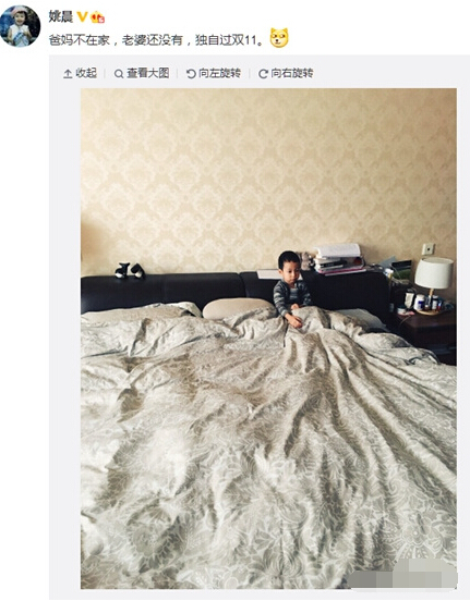 姚晨调侃儿子单身 爸妈不在家 老婆还没有 独自过双11