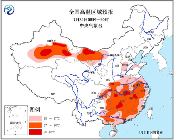 全国高温区域预报图