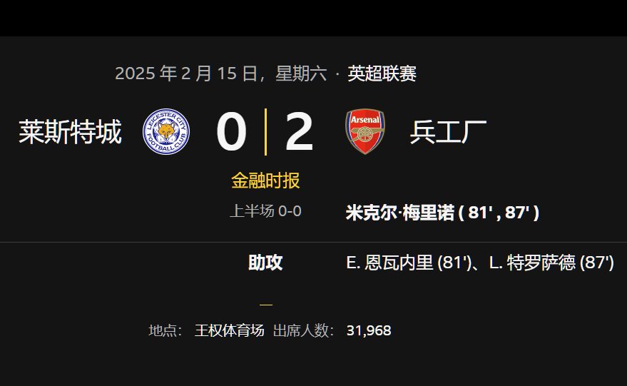 上半场0-0，下半场阿森纳进2球